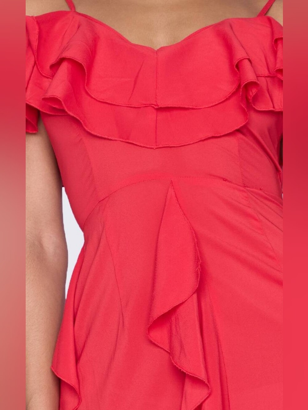 $130 NWT PRETTYLITTLETHING Red Cold Shoulder Ruffle Maxi Dress US 10 - Picture 8 of 13